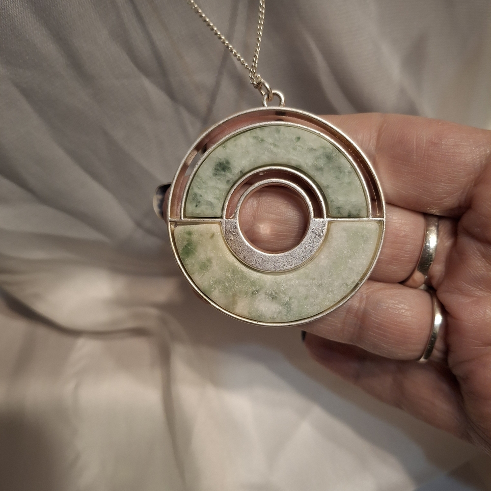 Larimar Gemstone Disc Green and Silver Pendant 32" Necklace
